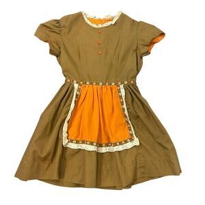 Vintage Girls Dress 6X 5 Brown Orange Sears Floral Lace Apron 60s 70s Retro Cost